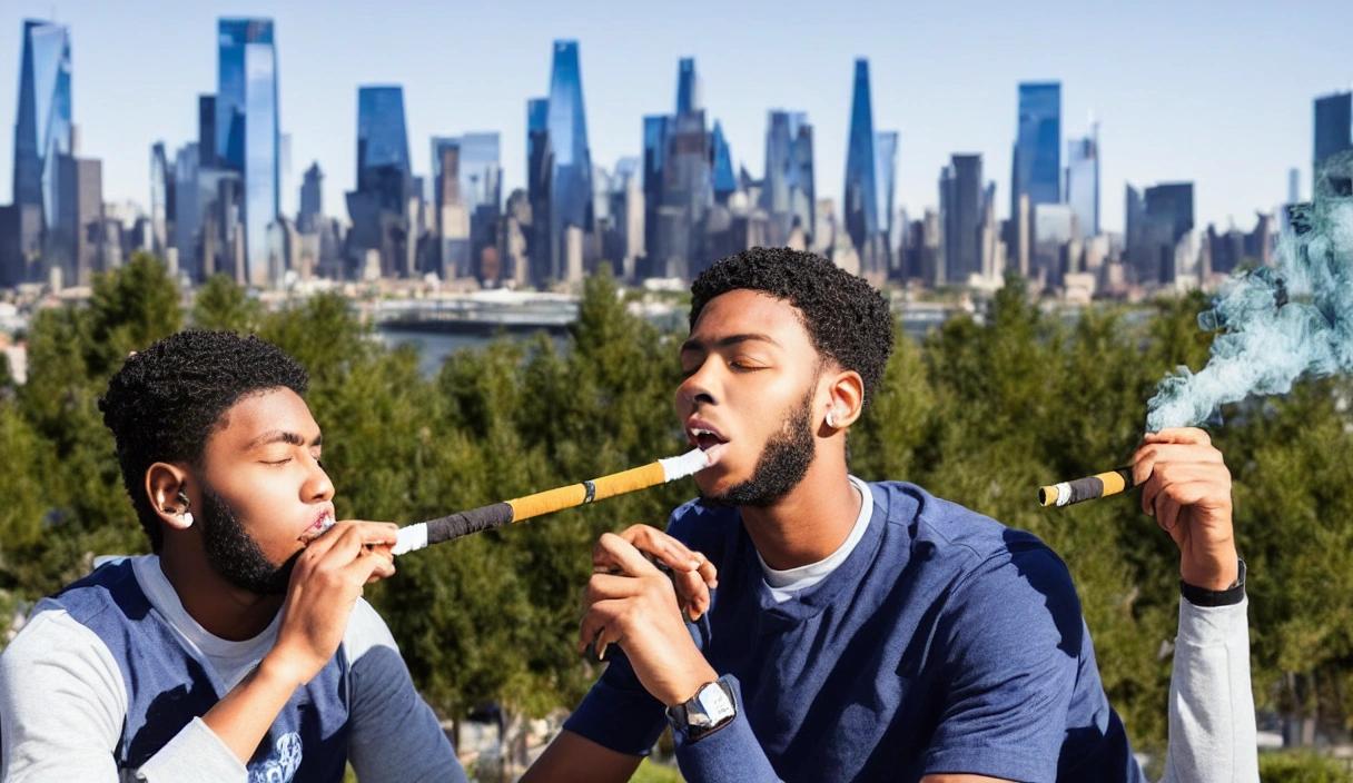 A young man smoking a Diesel cannabis strain in the city skyline. The strain is said to be euphoric